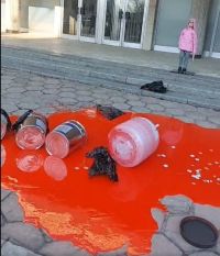 Перед российским посольством разлили красную краску в знак протеста против войны в Украине